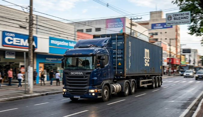 Transporte de Containers no Centro de Suzano